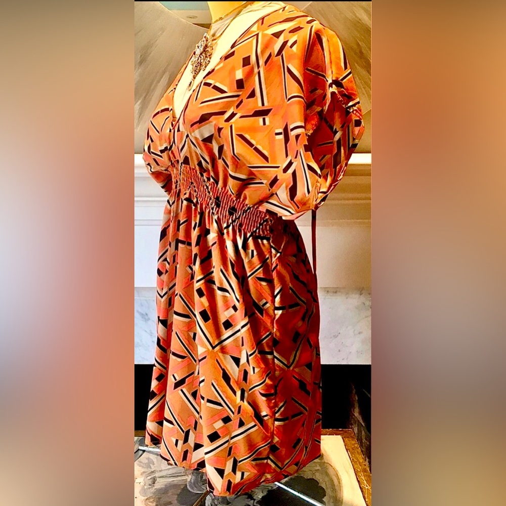 WISH Kimono orange blue mini dress Geometric pattern Smock waist Short sleeve - Picture 6 of 16